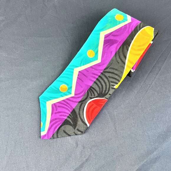 VTG Bugatti Mens Silk Tie Abstract Geometric Bold Colorful Neckwear USA 90s - Picture 1 of 7